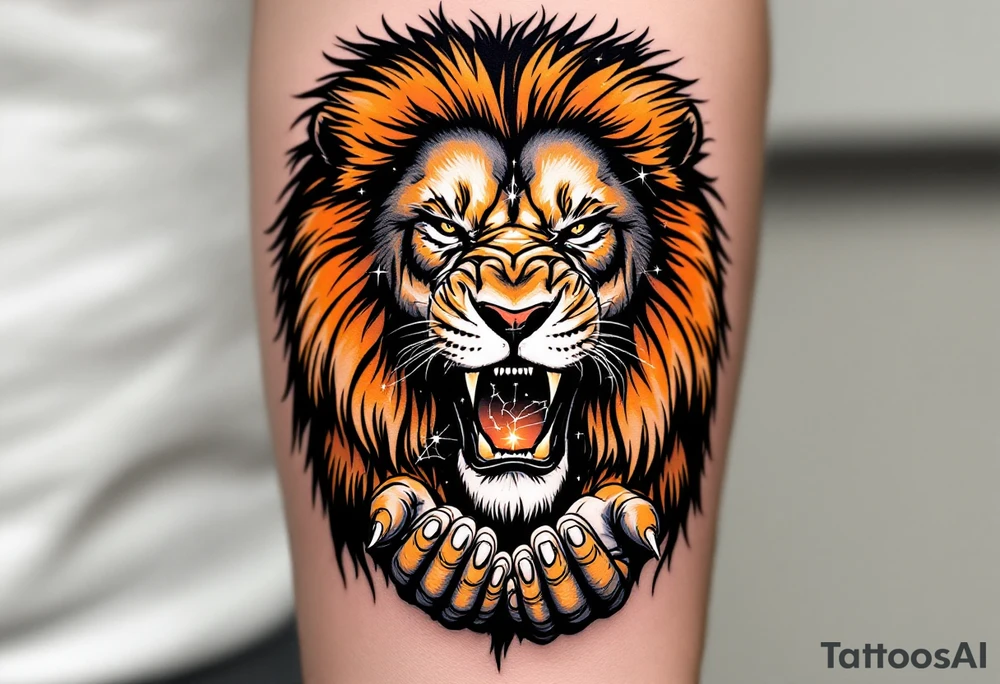 A roaring lion in shades of amber and black cradles the Leo constellation in its paw, traced in delicate white ink. tattoo idea