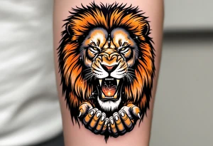 A roaring lion in shades of amber and black cradles the Leo constellation in its paw, traced in delicate white ink. tattoo idea