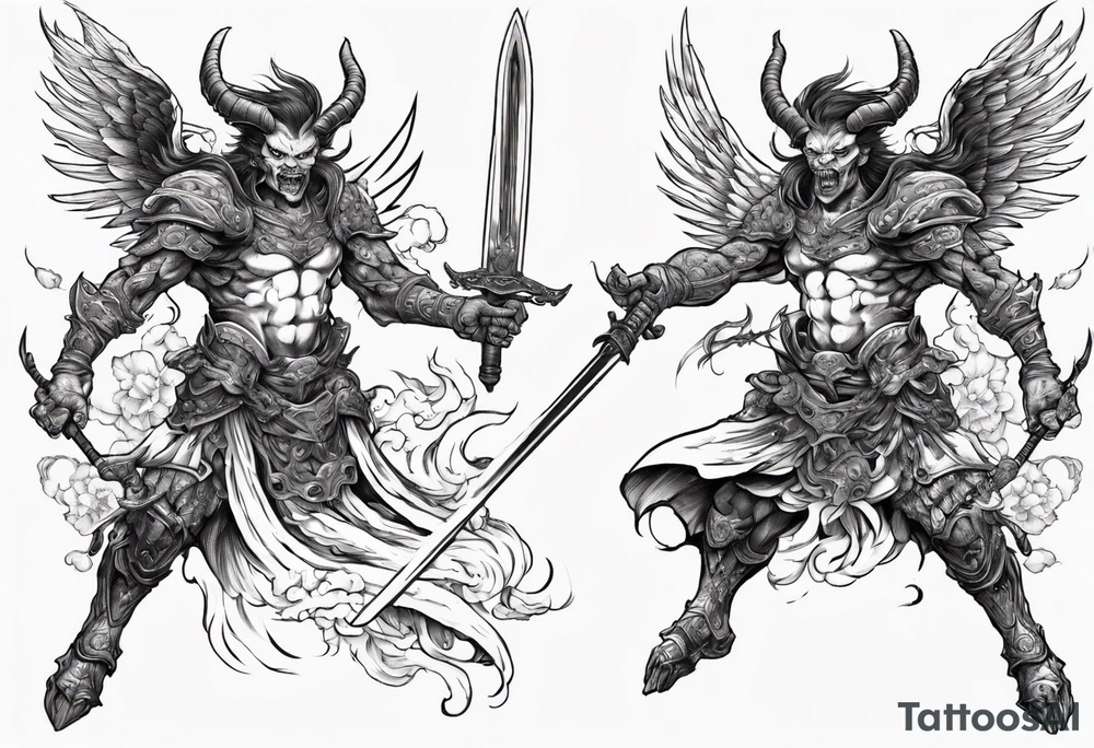 A demon angel wearing organic armor that is in mid-air with his two-handed sword behind them about to attack. tattoo idea