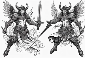 A demon angel wearing organic armor that is in mid-air with his two-handed sword behind them about to attack. tattoo idea