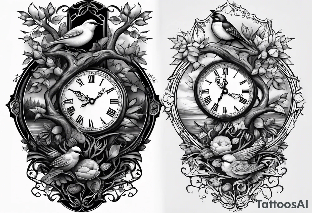 Half sleeve, tree, birds,clock tattoo idea
