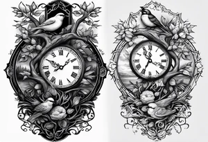 Half sleeve, tree, birds,clock tattoo idea