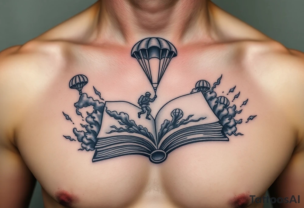 A parachuting soldier landing into an open book. Chaos surrounding, but the book is protecting the soldier from it. On the chest. Make the tattoo smaller. Make it thought provoking. Make the chaos in the environment be an eerie mist. Make the pages in the book be blank. Just one soldier, no other characters. the book is old. tattoo idea