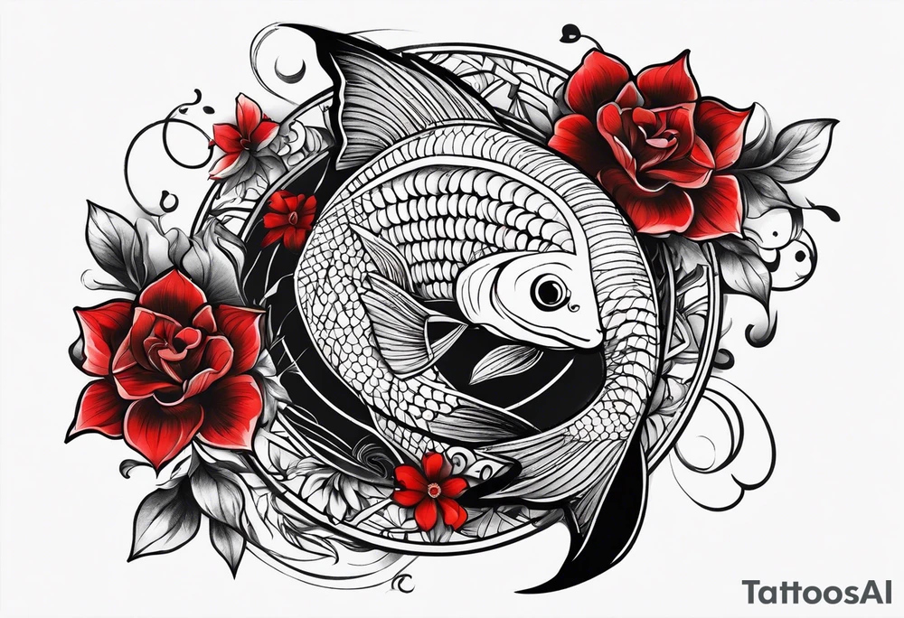 pisces with black and red flowers with geometric designs tattoo idea