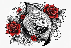 pisces with black and red flowers with geometric designs tattoo idea