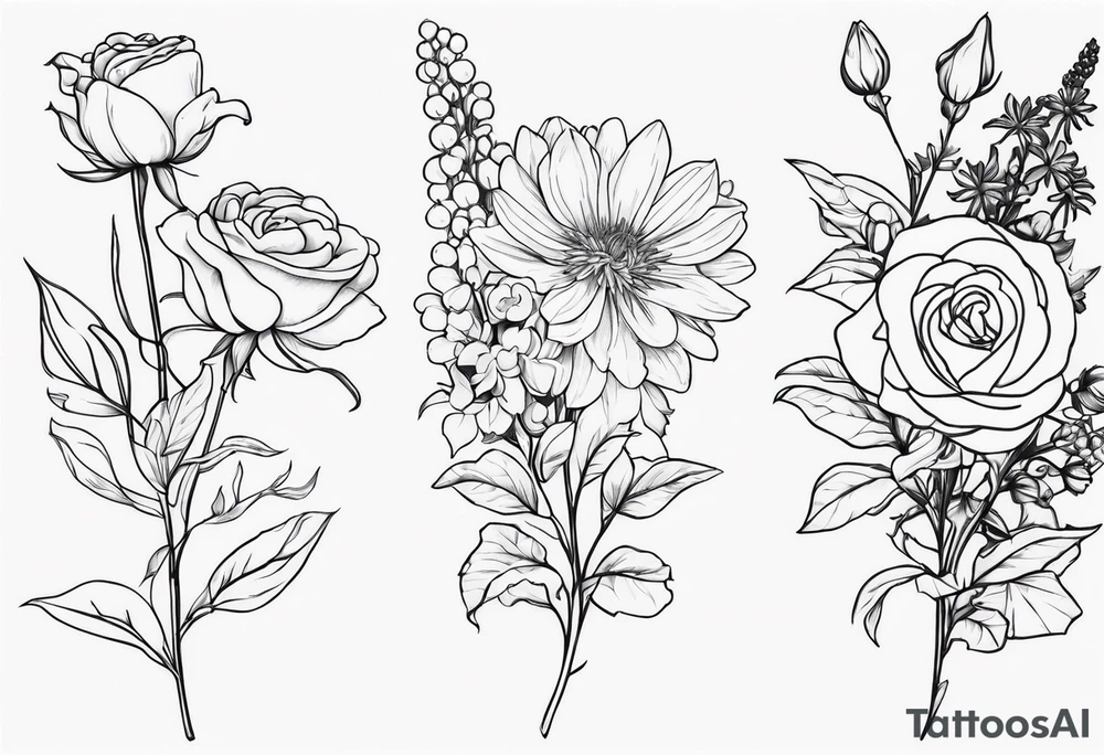 Asters, roses, lily of the valley, and chrysanthemums in a long line tattoo idea
