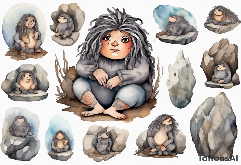 a plump mole woman with large round eyes, covered in grey fur with messy brown dreadlocks sitting in stone throne in a cave tattoo idea