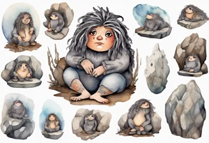 a plump mole woman with large round eyes, covered in grey fur with messy brown dreadlocks sitting in stone throne in a cave tattoo idea