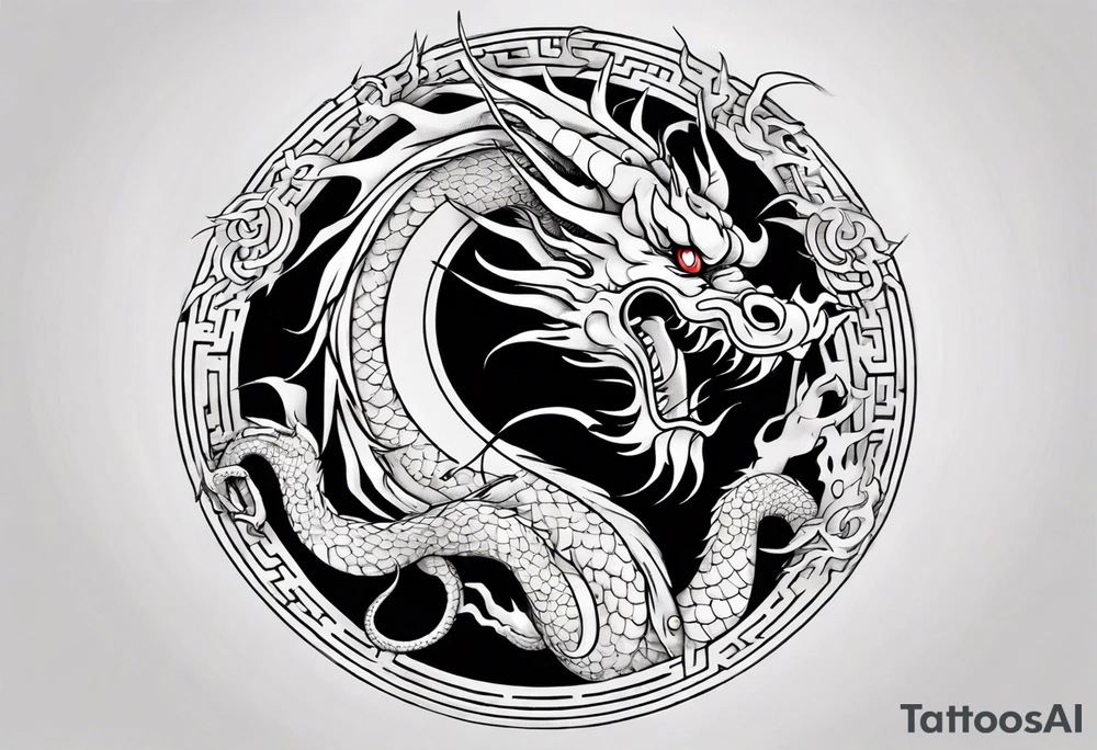 Chinese dragon in a circular shape with "02.03" written on its skin tattoo idea