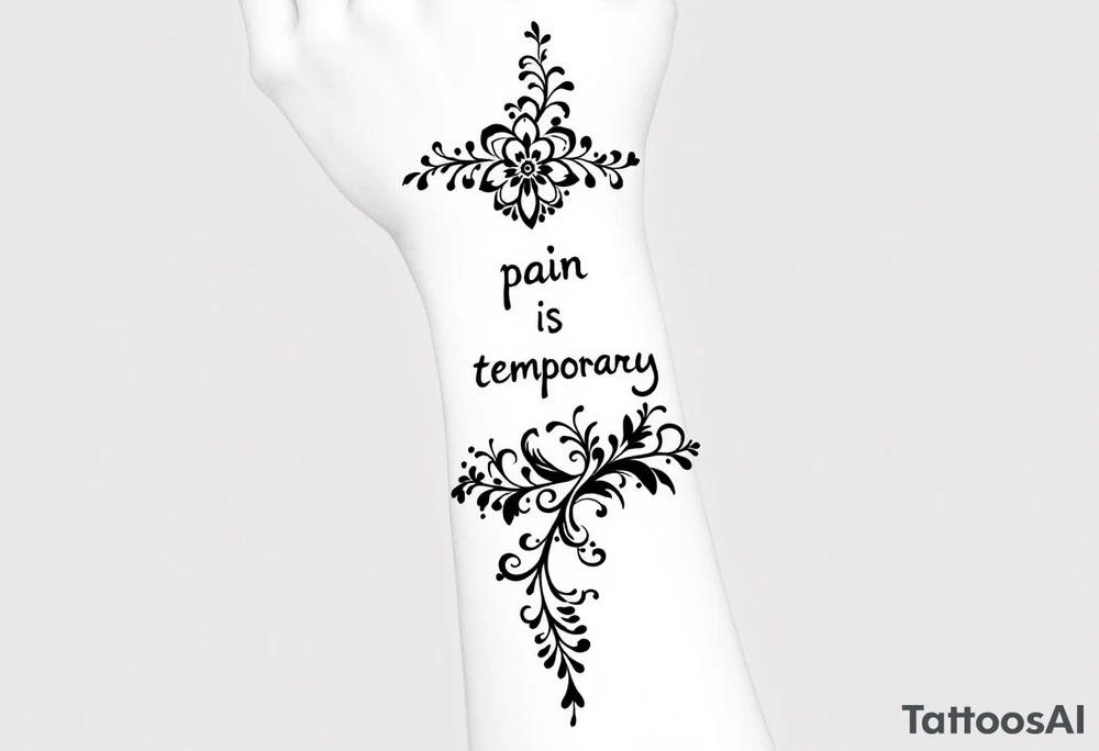 Indian style Henna tattoo for the inner wrist including words pain is temporary and make it taller than it is wide and have it flowing tattoo idea