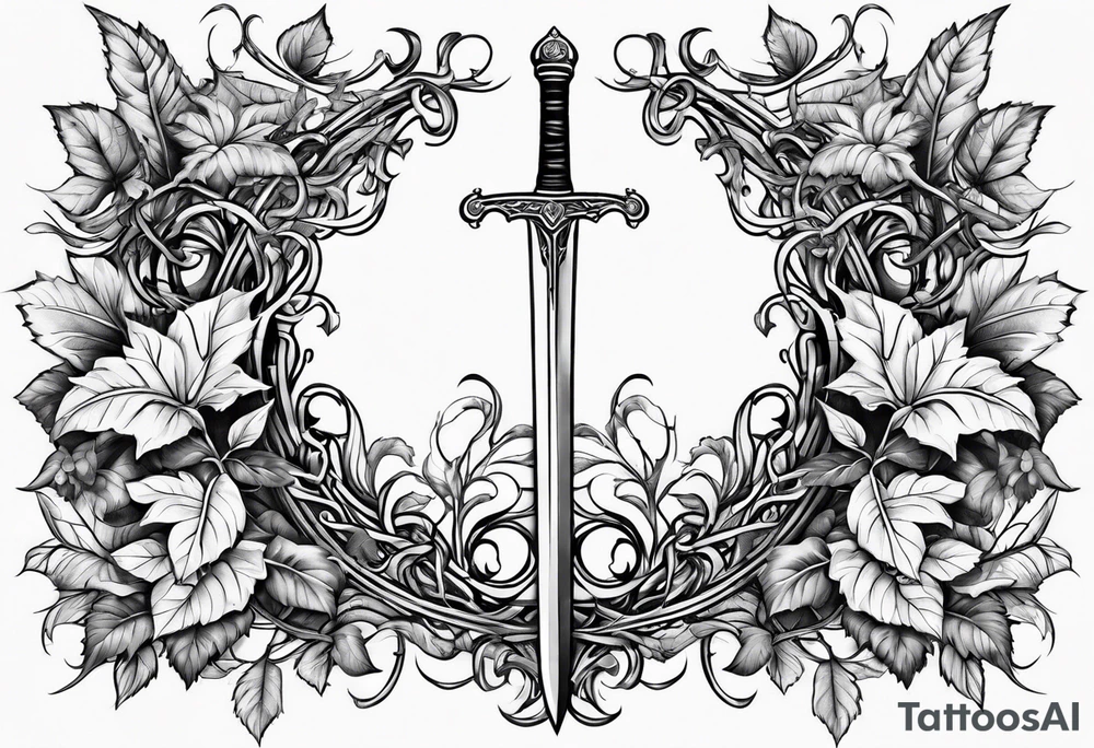 Leafy vines with sword tattoo idea