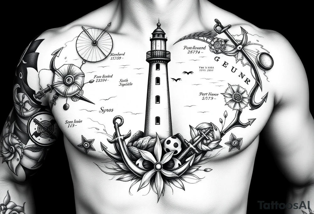 Full Chest / Shoulder Maritime Tattoo Concept

A large black and grey tattoo starting from the chest and flowing naturally toward the shoulder and upper arm.

Main centerpiece:
A lighthouse placed high in the composition, symbolizing guidance, strength, and finding your way through difficult times.

Surrounding elements:

* Anchors integrated around the lighthouse to represent stability, roots, and connection to the sea.
* Ship propellers blended into the design for movement, journey, and life experience.
* An old nautical logbook / map texture in the background to create depth and tell a personal story.
* Latitude and longitude coordinates of meaningful places you want to carry with you.
* Important dates dedicated to your grandfather, hidden subtly inside the composition as engraved details rather than obvious text.

Syros element:
Include a discreet reference to Syros — either:

* the outline of the island,
* details inspired by the harbor,
* or subtle architectural elements connected to the island’s identity.

Style:

* Black & grey realism
* Strong shading and depth
* Detailed but balanced (not overcrowded)
* Designed to flow naturally with the body shape from chest → shoulder → arm tattoo idea