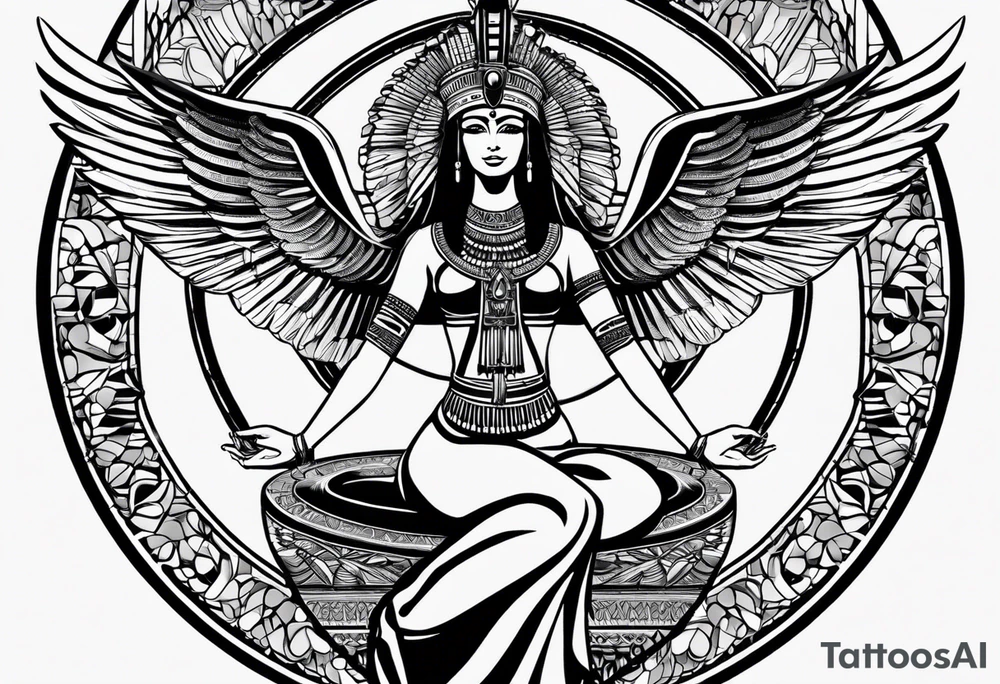 black and white Egyptian goddess Isis, who is often depicted as a woman with outstretched wings, holding an ankh (a symbol of life) in one hand and a lotus flower in the other. Her headdress often includes a throne or a solar disk. The tattoo design can vary in style and size, but it typically aims to capture the essence of this revered Egyptian deity, emphasizing her beauty, power, and maternal qualities. The choice of colors and additional elements can also be customized to create a unique and visually striking representation of the goddess Isis tattoo idea