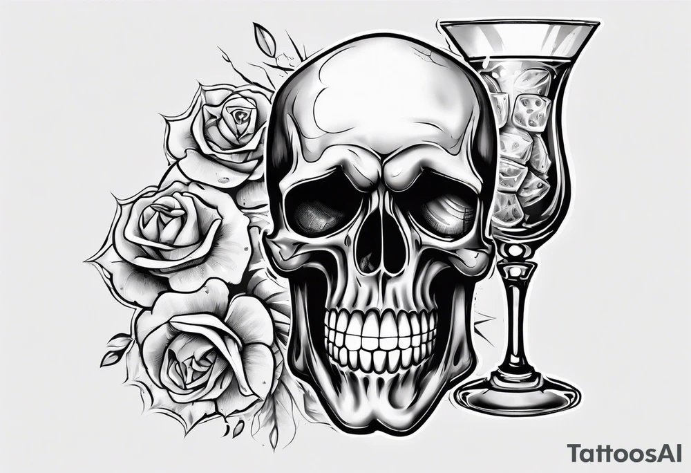 A smiling looking to the left scull inside the glass with alcohol and piece of lime tattoo idea