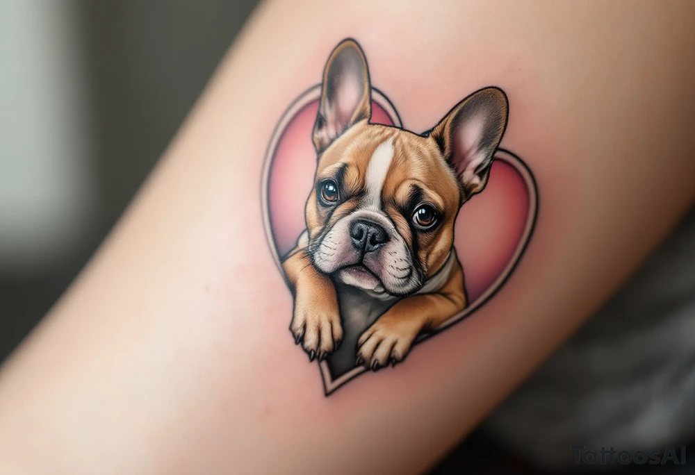 French Bulldog inside a heart-shaped frame, paws leaning over the edge, colored tan and white with light pink shading around the heart. tattoo idea