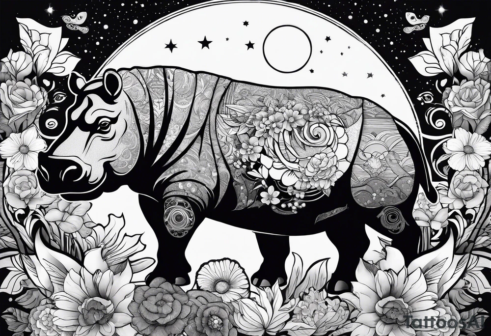 Hippo, flowers, moon, interstella, artic surreal,
Extreme fine lines, tribal, geometric, japanese, artistic tattoo idea