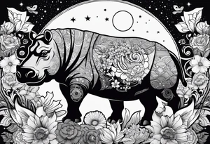 Hippo, flowers, moon, interstella, artic surreal, 
Extreme fine lines, tribal, geometric, japanese, artistic tattoo idea