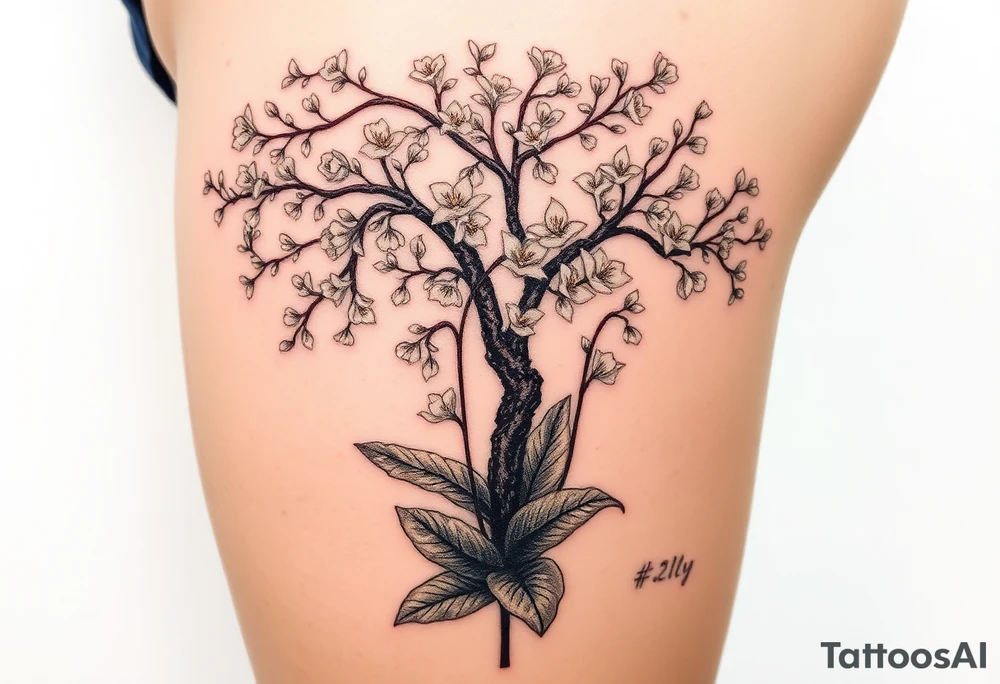 Lilly of the vally plants underneath a blooming hawthorn tree tattoo idea