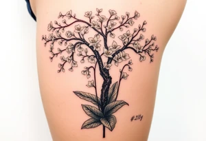 Lilly of the vally plants underneath a blooming hawthorn tree tattoo idea