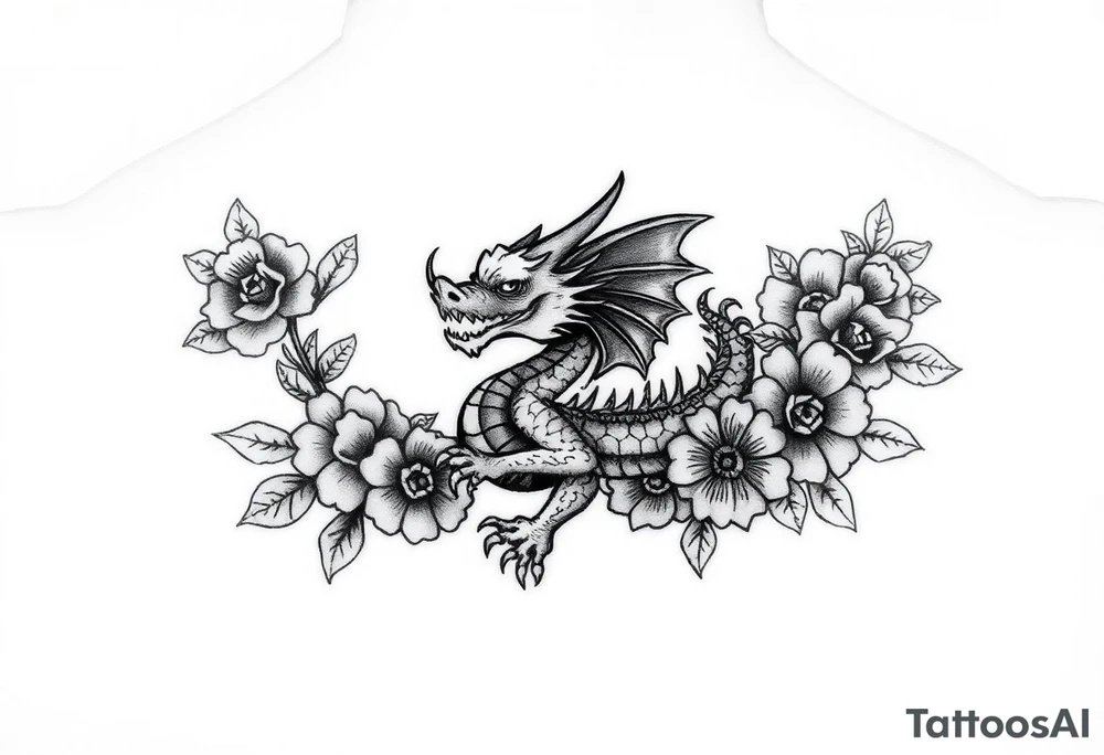 cute dragon with floral design around it tattoo idea