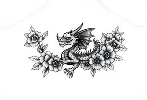 cute dragon with floral design around it tattoo idea