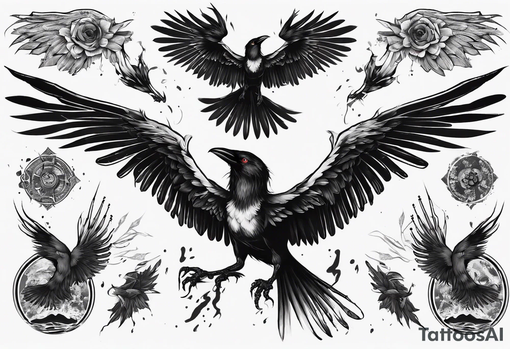 A human with a crow head with wings tattoo idea