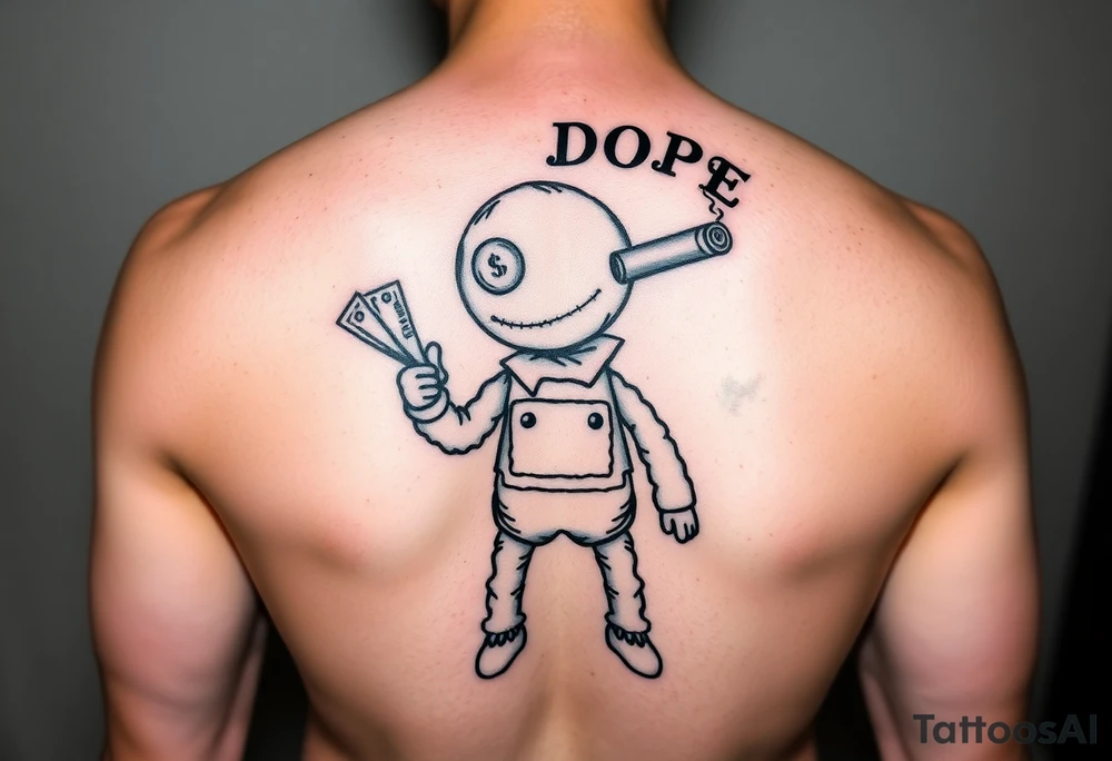 Stitched up rag doll with a button as one eye and some thread as the other. Holding some money in one hand and a cigar in the other hand. Smoke pouring off the cigar with the cloud of smoke above spelling out the word DOPE tattoo idea