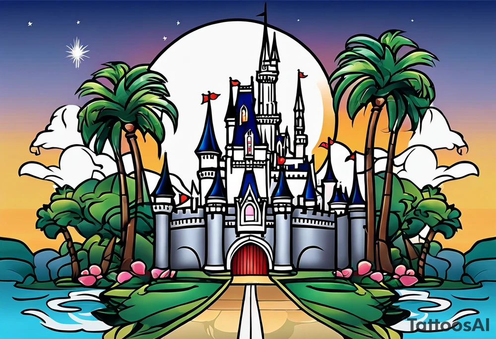 disney world castle with mickey mouse holding a knife in one hand and a stick in the other hand with palm trees and the celtic symbol for family tattoo idea