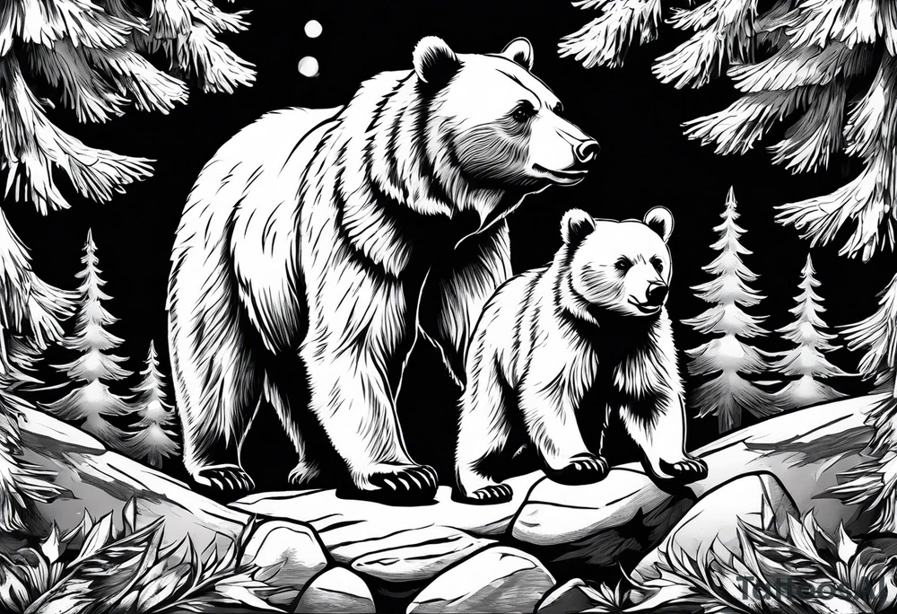 Draw a tattoo. The tattoo shows a mother bear holding two bear cubs. A small bear cub and a larger bear cub. The bears are surrounded by fir trees and rocks. tattoo idea