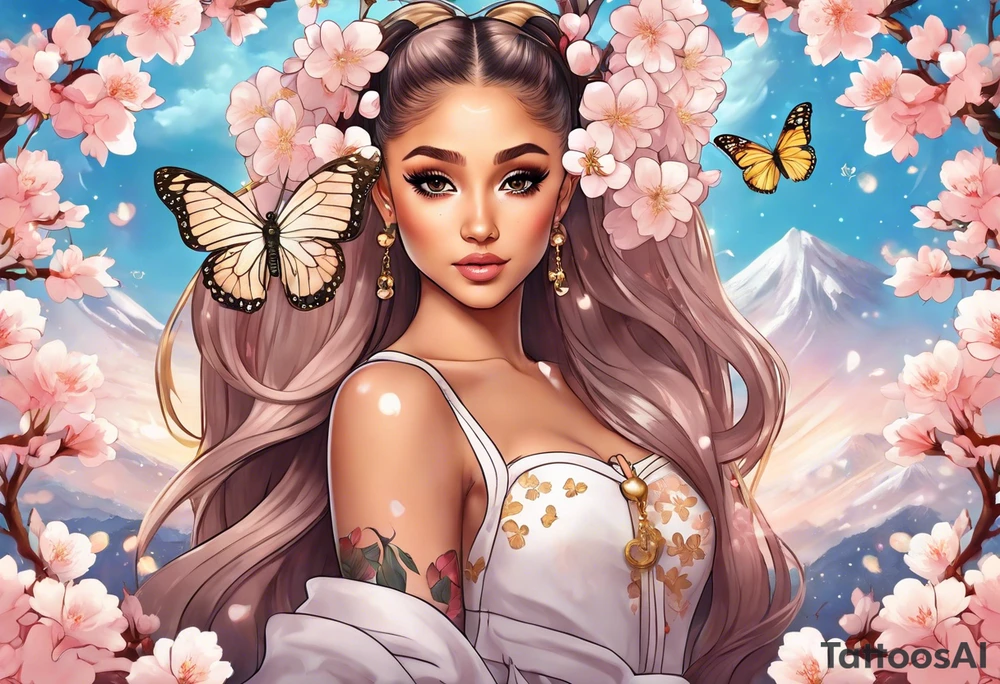 Ariana Grande surrounded in a golden aura with cherry blossoms and white butterflies with a key that unlocks a heart tattoo idea