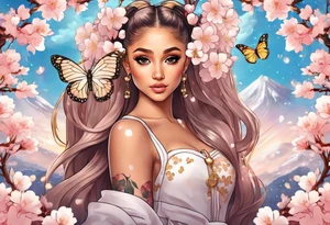 Ariana Grande surrounded in a golden aura with cherry blossoms and white butterflies with a key that unlocks a heart tattoo idea