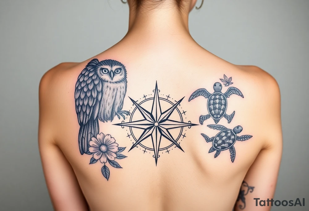 Full back owl on left shoulder flowers on right 3 turtles down spine use antique compass rose overlaid everywhere else tattoo idea