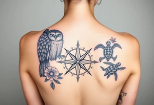 Full back owl on left shoulder flowers on right 3 turtles down spine use antique compass rose overlaid everywhere else tattoo idea