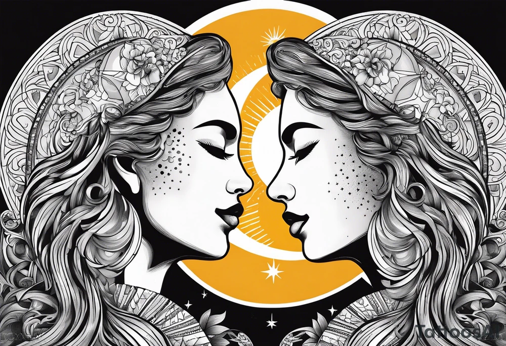 sun and the moon, the overlap
the sun has a woman's half
face, and the moon, a man's face half tattoo idea