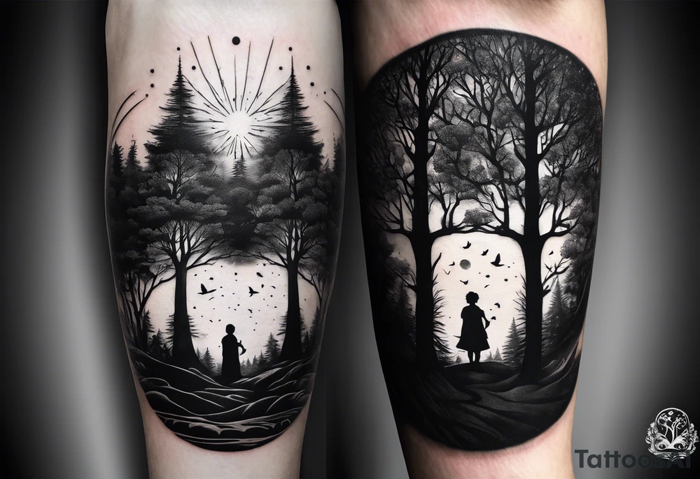 two tall silhouettes of trees and a small person standing between them with the symbol |-/ hidden somewhere in the design tattoo idea
