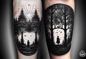 two tall silhouettes of trees and a small person standing between them with the symbol |-/ hidden somewhere in the design tattoo idea