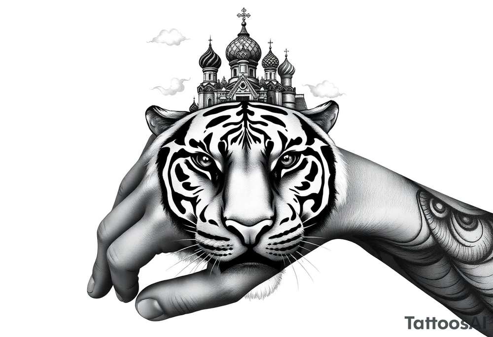 Realistic tiger face on the back of the hand with strong contrast and fine detail with hollow black eyes. with a highly detailed Russian Orthodox cathedral sitting above on fore arm with onion domes and orthodox crosses, done in fine line, engraving-like style. Cohesive composition, black ink only, no color, high contrast, slightly aged, documentary-style, plain light background. with clouds above and a virgin mary 
spanning from my hand to lower fore arm tattoo idea