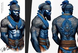 homem guerreiro Ogun africano realista de corpo inteiro em preto e cinza com tons de azul
 no fudo savana tattoo idea