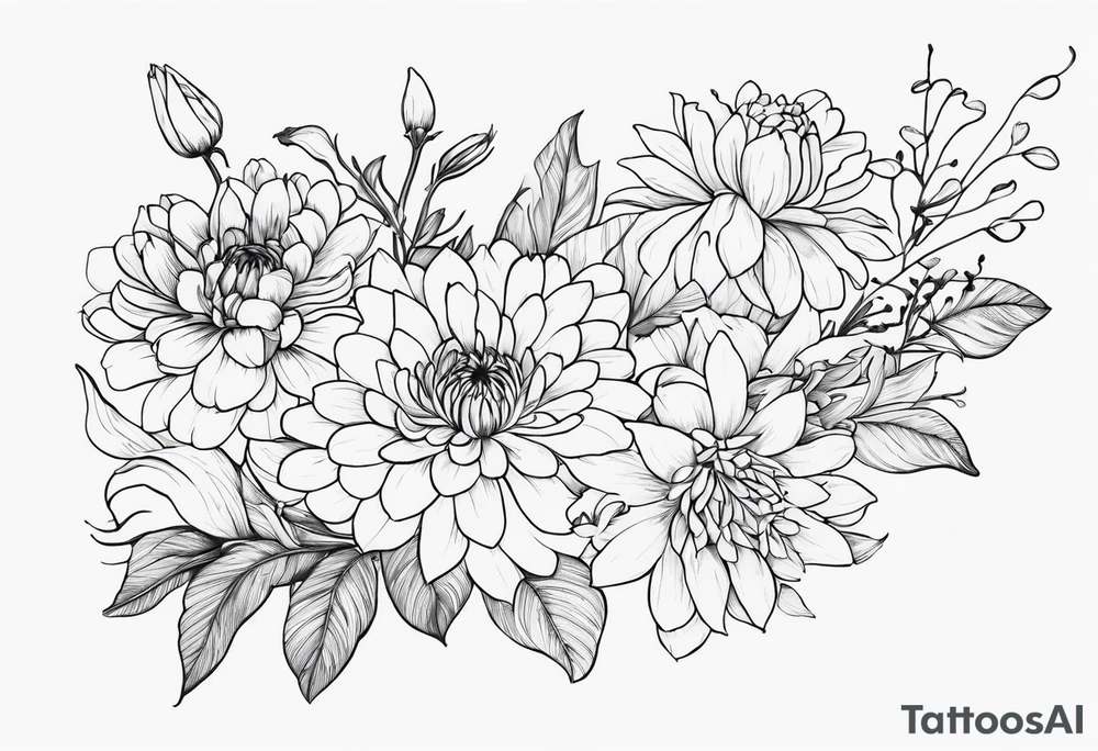 Asters, roses, Lillies, chrysanthemums in a long line tattoo idea