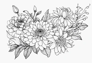 Asters, roses, Lillies, chrysanthemums in a long line tattoo idea