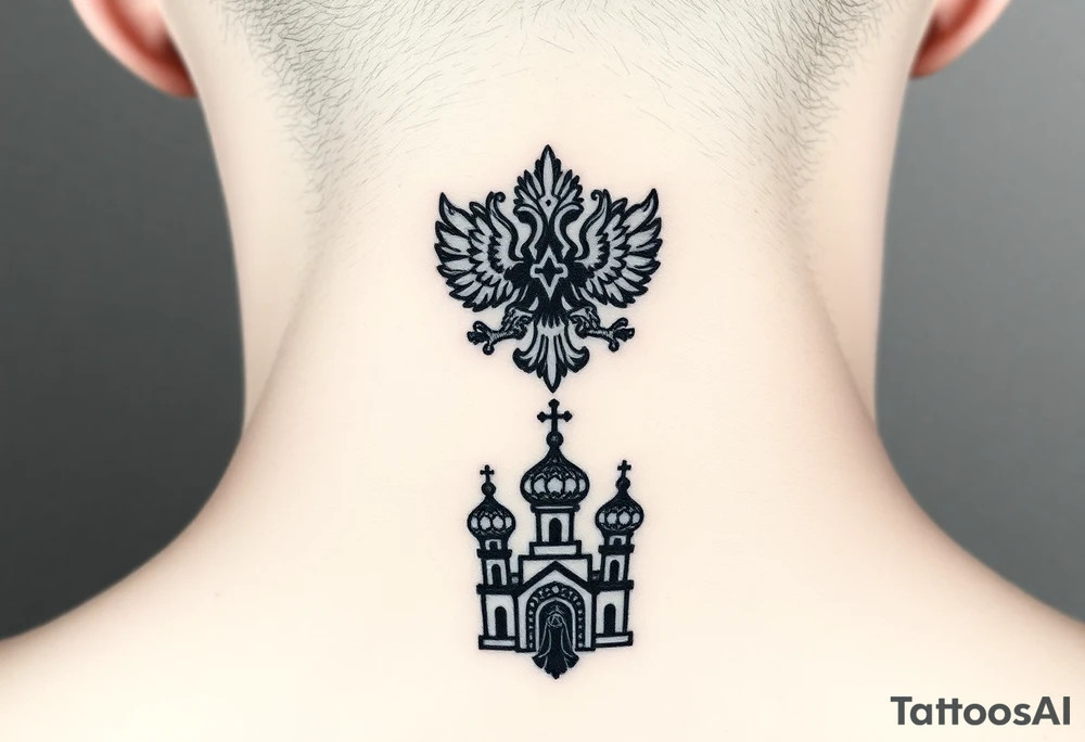 Stacked Vertical Column 

Russian star — small, bold
Middle: Miniature double-headed eagle — simplified, cleaner lines to suit the smaller space
Bottom: Orthodox church dome(s) with a small Virgin Mary silhouette beneath tattoo idea