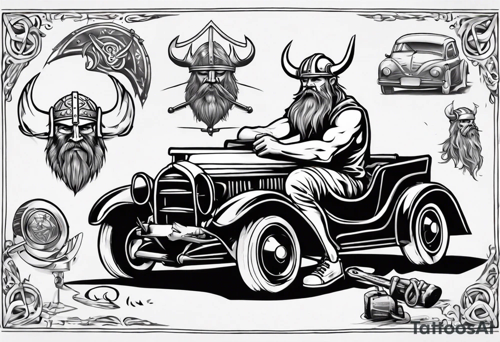 A Viking sitting next to a vintage car being built tattoo idea