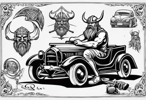 A Viking sitting next to a vintage car being built tattoo idea
