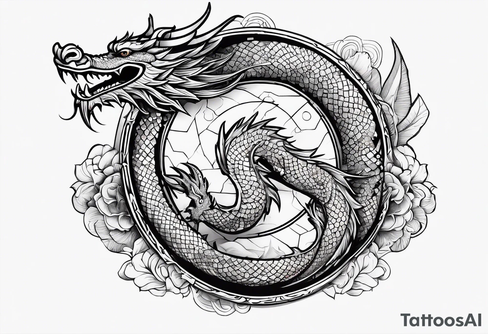 Boussole avec toute les directions entourée de dragon asiatique avec leur perle tattoo idea
