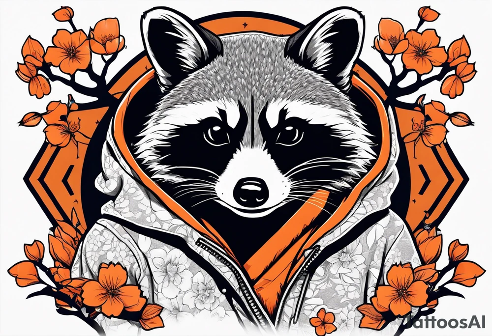raccoon wearing a Superman hoodie with orange Japanese cherry blossoms tattoo idea