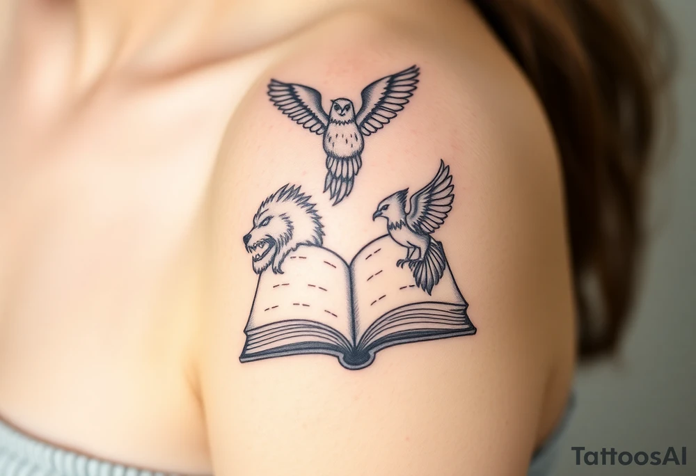 An open book with silhouettes of a werewolf, owl, dragon & phoenix above it tattoo idea