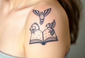An open book with silhouettes of a werewolf, owl, dragon & phoenix above it tattoo idea