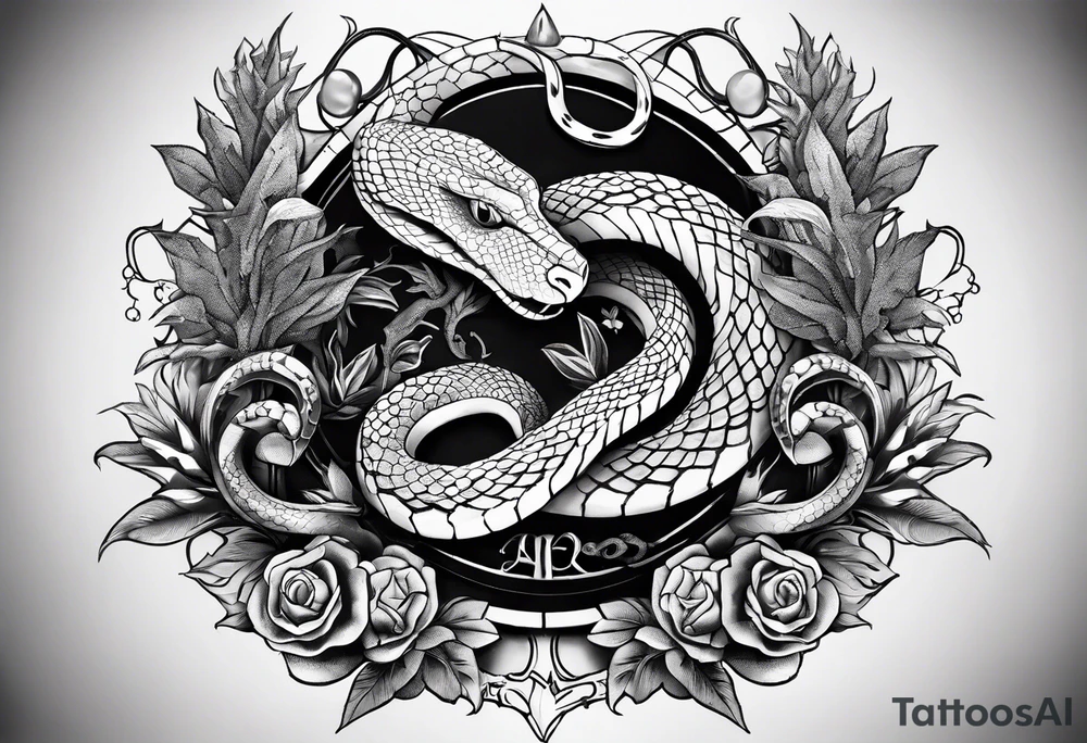 sleeve tattoo with a snake, gun, weed symbol and a medallion that says Hydra on it tattoo idea