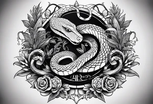 sleeve tattoo with a snake, gun, weed symbol and a medallion that says Hydra on it tattoo idea