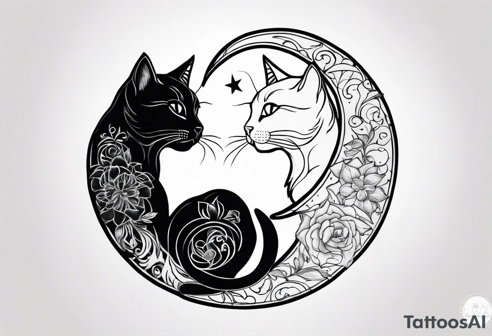 2 cats and crescent moon tattoo idea